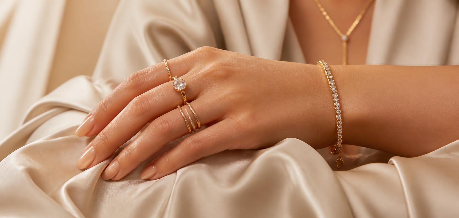Mãos com anéis e pulseiras banhados a ouro — coleções feminina e masculina